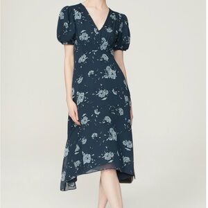 Club Monaco Navy Floral V-Neck Puff Sleeve High-Low Dress